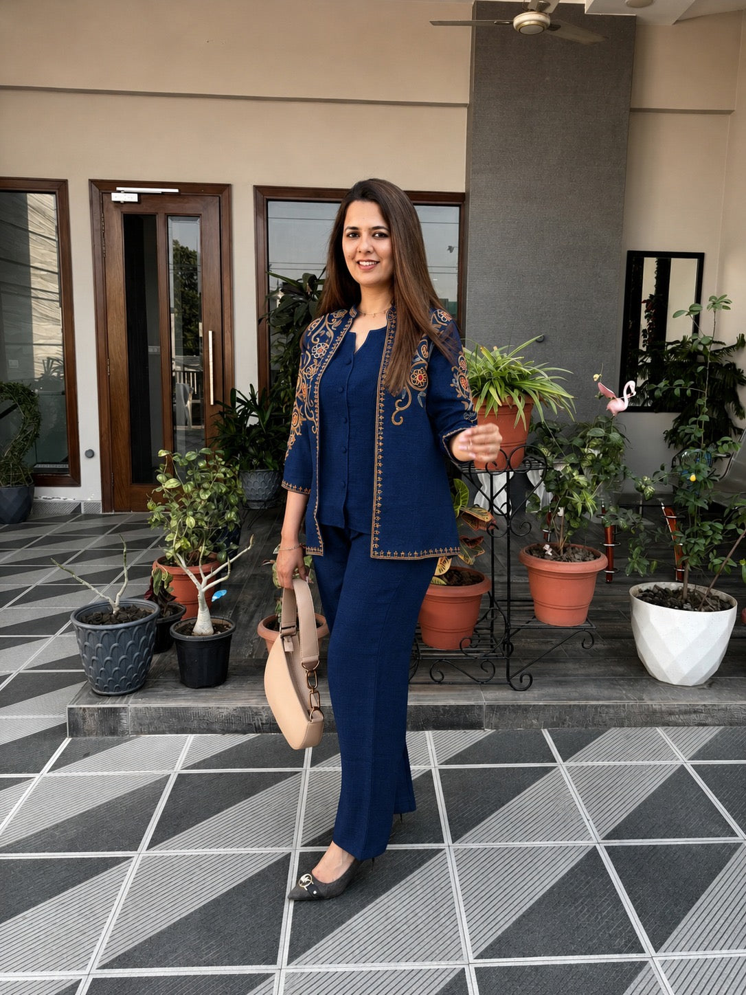 Navy Blue Embroidered 3-Piece Co-ord Set with Jacket for Women