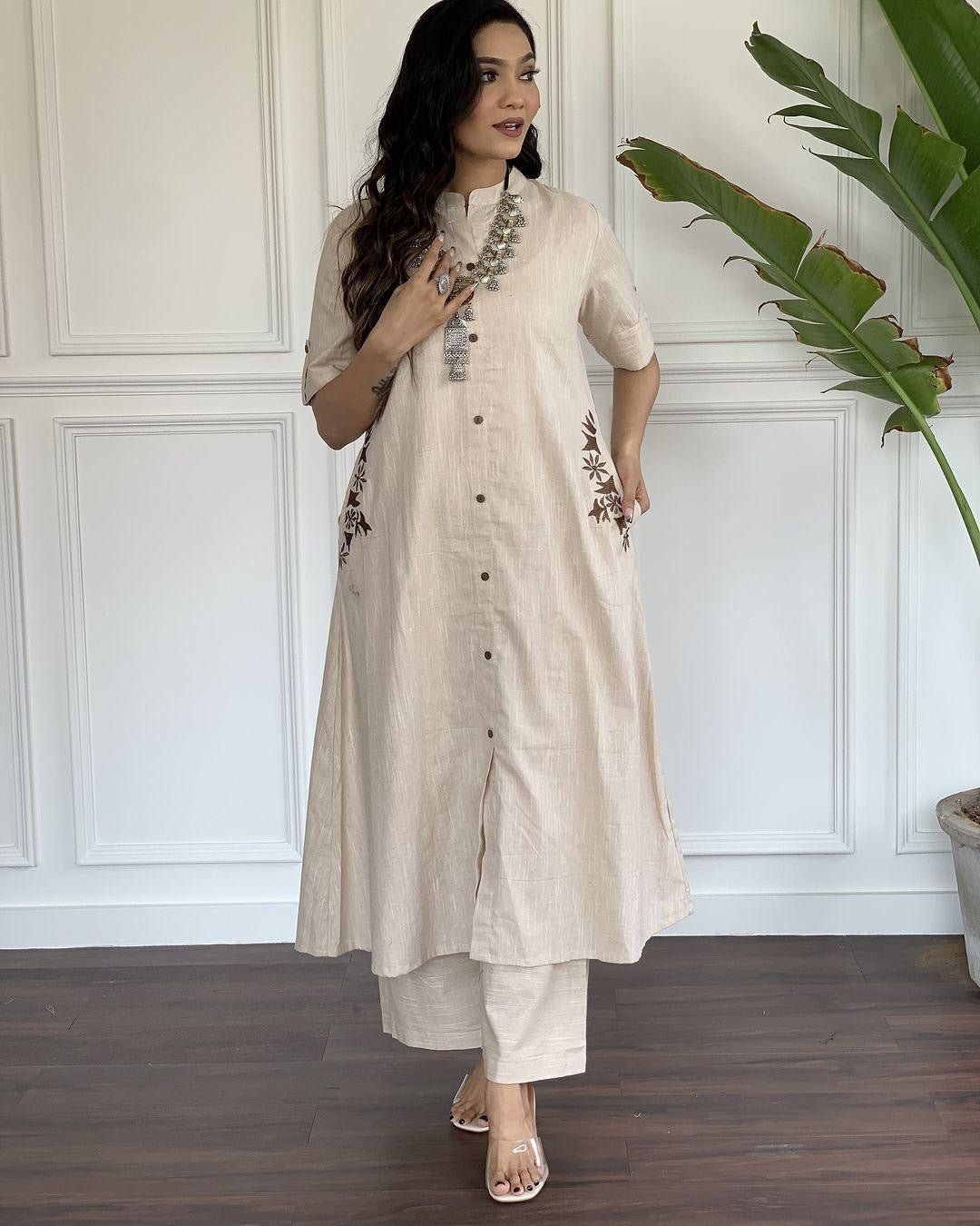 Beige Embroidered A-Line Kurta Pant Set for Women