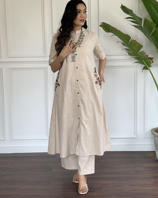 Beige Embroidered A-Line Kurta Pant Set for Women