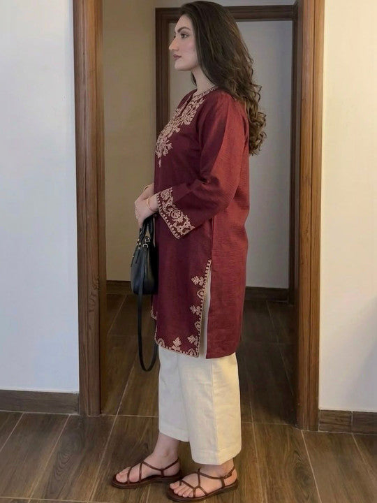 Embroidery Red Cotton Kurta Set with Palazzo Pants