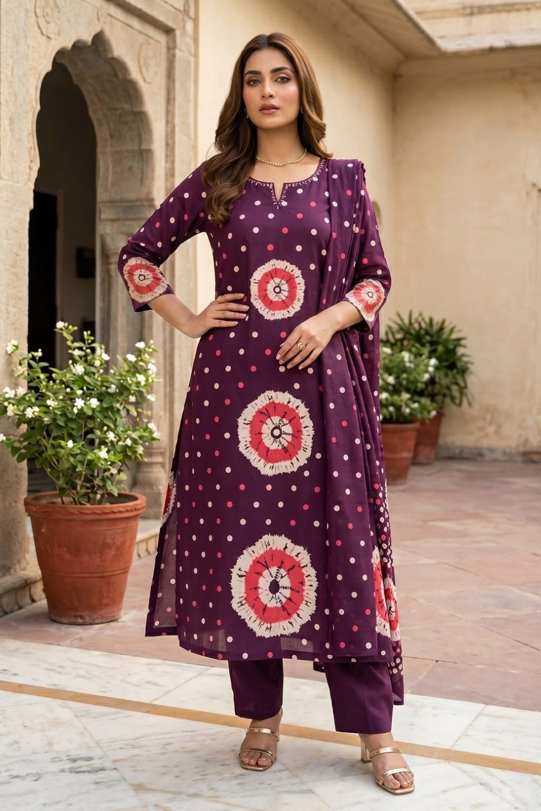 Wine Purple Bandhani Print Kurta Pant Set with Dupatta for Women