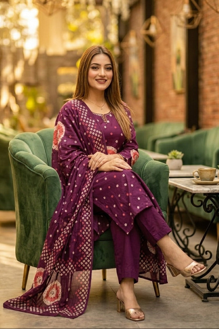 Wine Purple Bandhani Print Kurta Pant Set with Dupatta for Women
