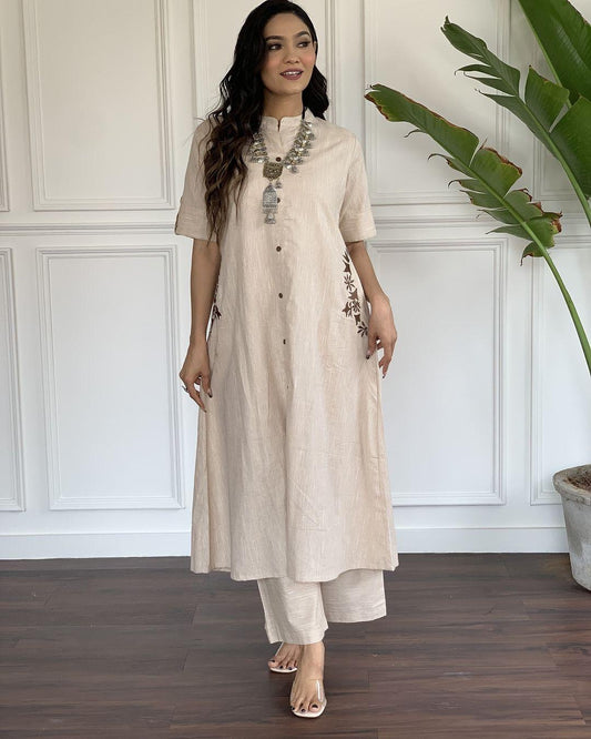 Beige Embroidered A-Line Kurta Pant Set for Women