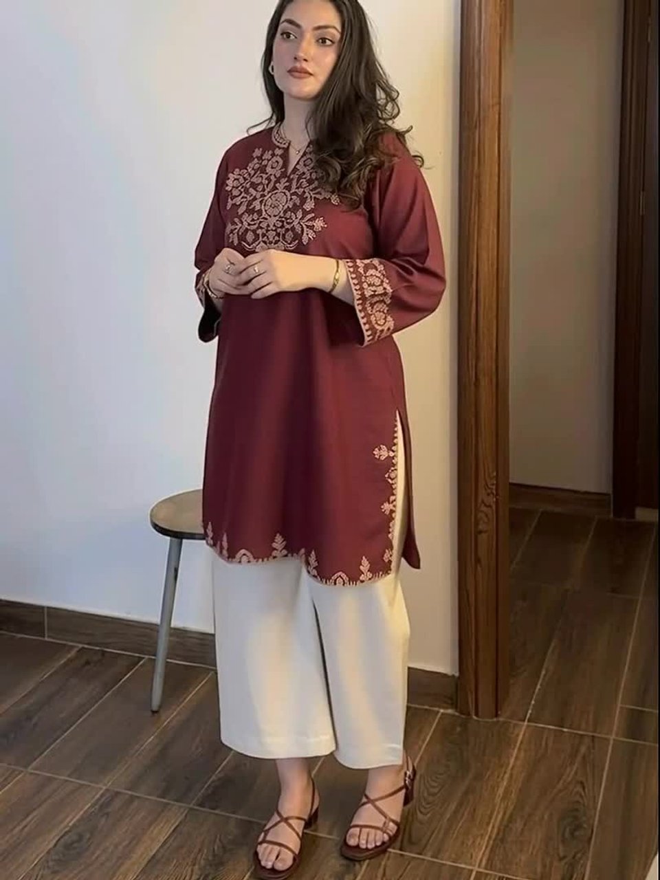 Embroidery Red Cotton Kurta Set with Palazzo Pants