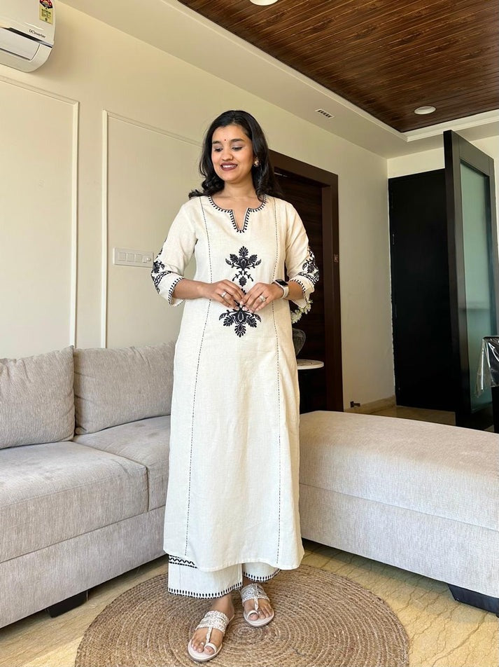 Elegant Off-White Kurti With Black Thread Embroidery