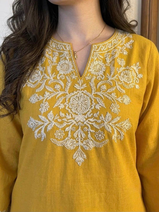 Embroidery Yellow Cotton Kurta Set with Palazzo Pants