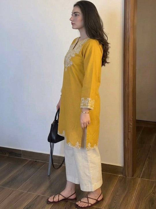Embroidery Yellow Cotton Kurta Set with Palazzo Pants