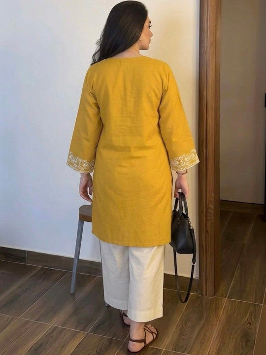 Embroidery Yellow Cotton Kurta Set with Palazzo Pants