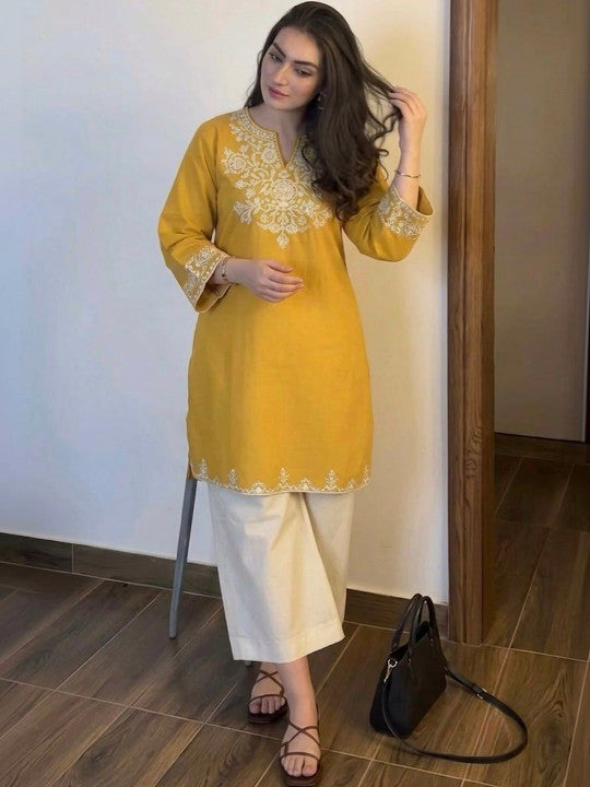 Embroidery Yellow Cotton Kurta Set with Palazzo Pants